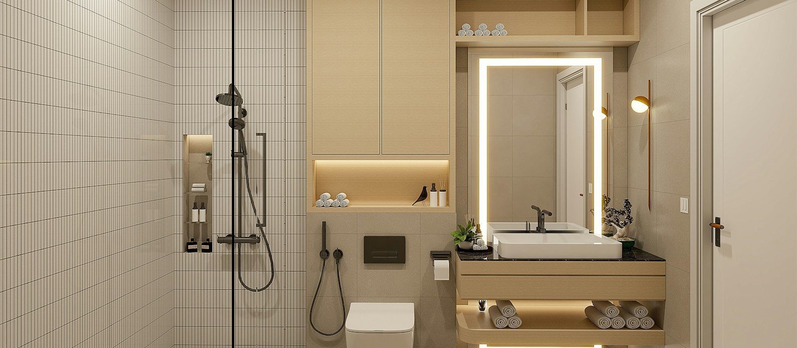 a bathroom with a shower, toilet, sink and mirror